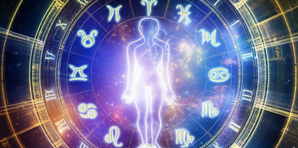 Изображение, иллюстрирующее концепцию прошлые жизни по астрологии через сплетение космических символов, зодиакальных знаков и человеческих силуэтов в мистическом свете.