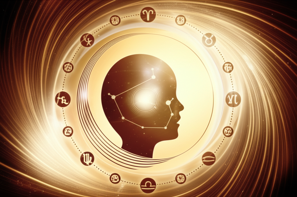 Изображение, символизирующее психологическая интерпретация астрологии, где небесные светила отражаются во внутреннем мире человека, подчеркивая взаимосвязь между космосом и психикой.