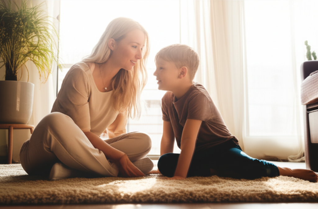 Глубокое понимание психологии детско родительских отношений на примере теплого общения родителя и ребенка в уютной комнате.