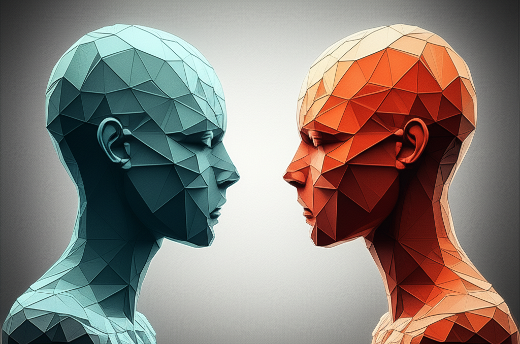 Концептуальное изображение, раскрывающее тему психология конфликта: две фигуры, символизирующие стороны спора.