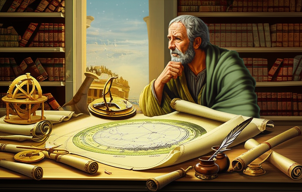 Изображение Клавдия Птолемея, изучающего рукописи и карты звездного неба, символизирующее его вклад в астрономию и создание труда птолемей и «тетрабиблос».