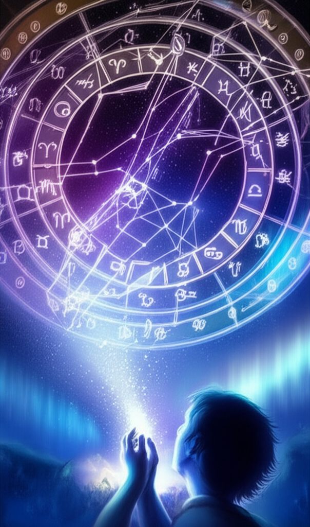 Загадочная иллюстрация: человек, смотрящий на светящуюся натальную карту в ночном небе, символизирующую поиск и раскрытие своего предназначения по натальной карте.