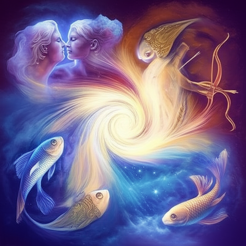 Мистическое изображение, символизирующее четыре мутабельные знаки зодиака – Близнецов, Деву, Стрельца и Рыб, объединенные в динамичной композиции, подчеркивающей их адаптивность и гибкость.