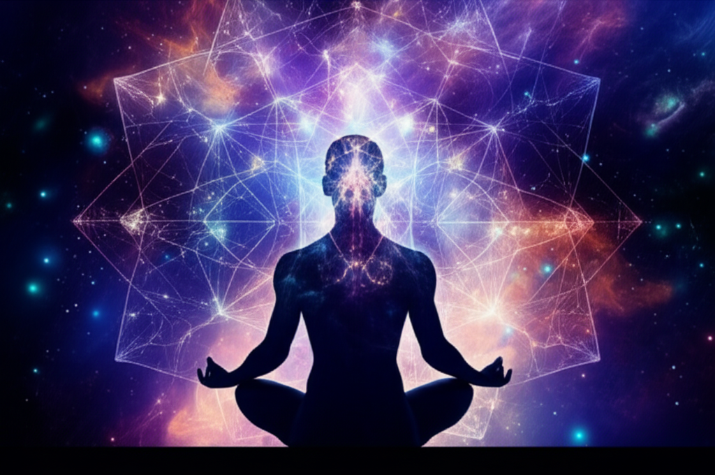 Визуализация внутреннего мира человека как космоса, иллюстрирующая глубокое путешествие сознания.