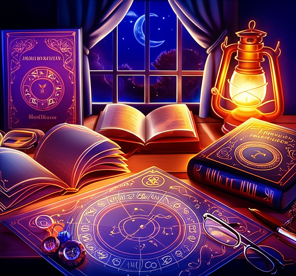 Изображение демонстрирует несколько открытых книг по астрологии для начинающих на столе, освещенном мягким светом, рядом с картой звездного неба и чашкой чая, символизируя уютное и вдумчивое изучение астрологии.