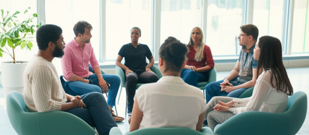 Профессиональная работа в группе психологический тренинг, где участники сидят в кругу и обсуждают свои проблемы.