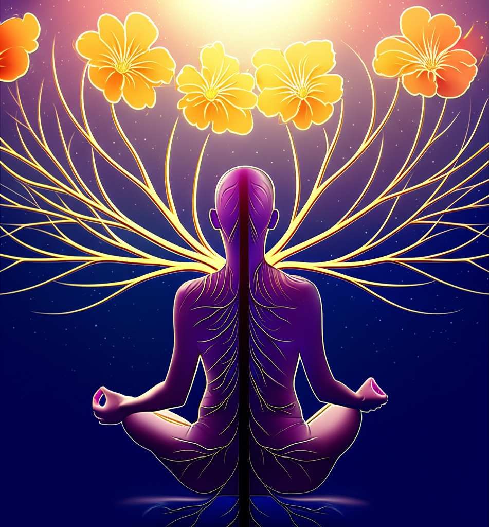 Человек медитирует, чтобы работать с кармой, преобразуя темную энергию прошлого в светлое будущее.