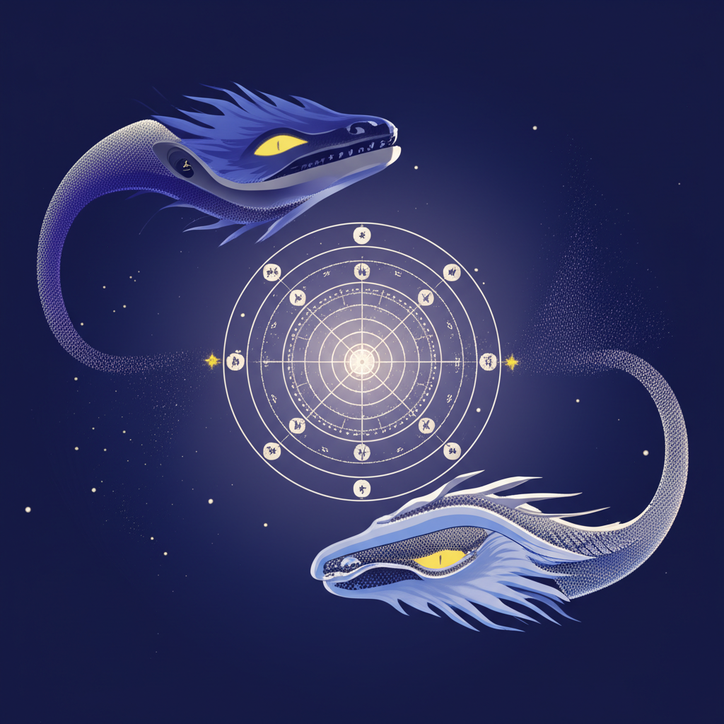 Мистическая иллюстрация, где изображены раху и кету как кармические узлы в ведической астрологии.