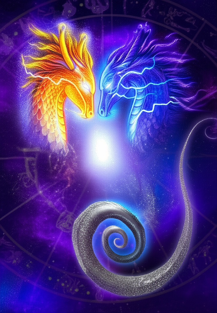 Стилизованное изображение, где можно Раху и Кету в натальной карте рассчитать и увидеть их символическое значение в виде головы и хвоста дракона на фоне зодиакального круга.