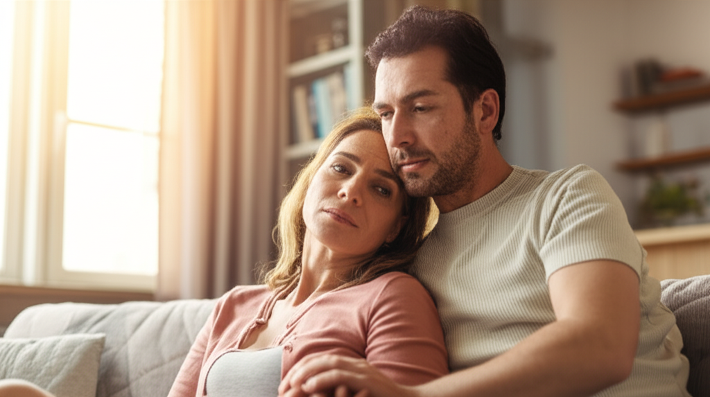 Мужчина, столкнувшийся с диагнозом рак мужчина в браке, держит жену за руку, символизируя взаимную поддержку и стойкость перед лицом болезни.