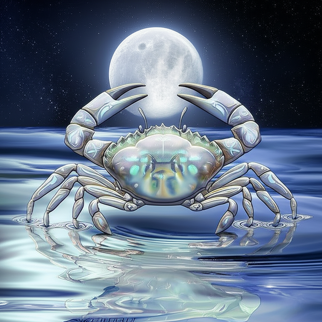 Символическое изображение рак стихия: краб под сияющей луной у спокойной воды
