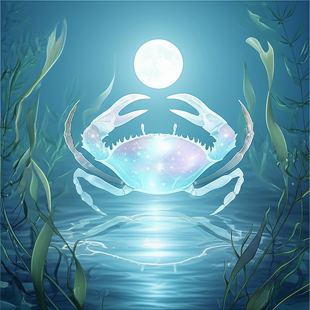Иллюстрация, символизирующая водную стихию и Луну, отражающая основные черты знака рак в астрологии: дом, эмоции, заботу. На переднем плане изображен краб среди водных растений под мягким светом Луны.
