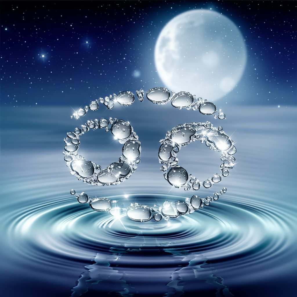 Абстрактная иллюстрация, где рак знак зодиака стихия вода изображена как светящееся созвездие в космическом океане под полной луной.