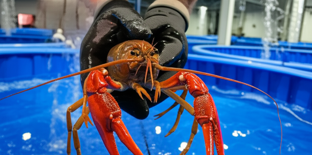 Крупный австралийский рак в руках фермера как иллюстрация концепции раки успех.