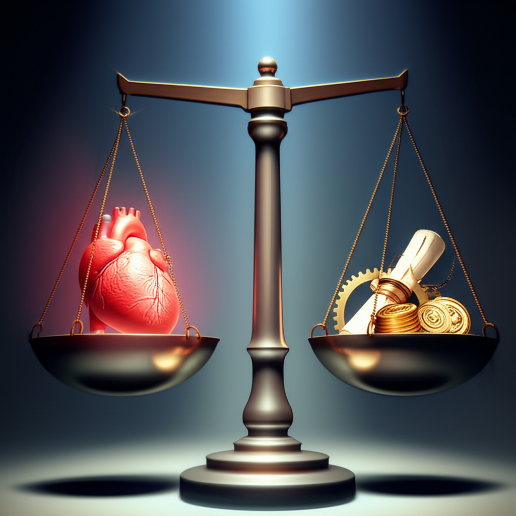 Весы, на одной чаше которых сердце, а на другой — шестеренки и монеты, символизирующие выбор: расчет или любовь.