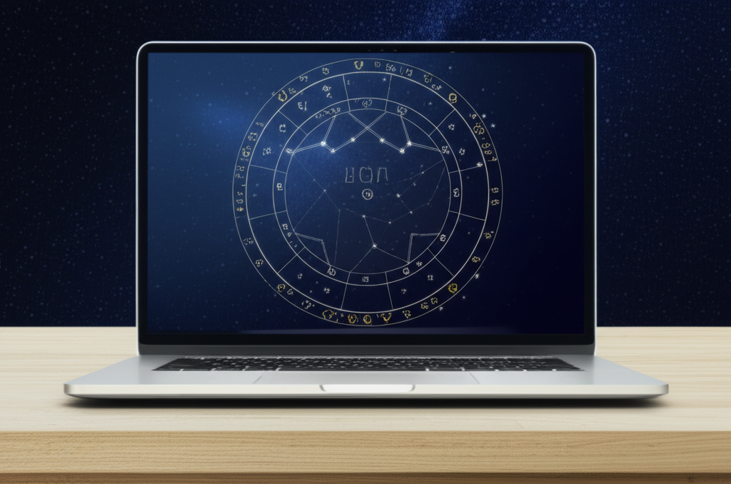 Детальный расчет натальной карты онлайн на экране современного ноутбука.