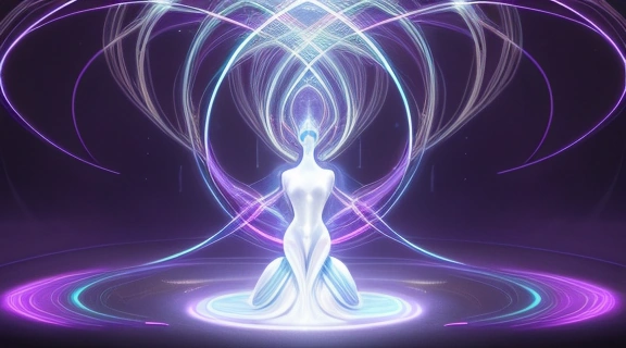 Изображение демонстрирует концепцию Расклад бесконечность: фигура из света в центре, вокруг нее бесчисленные пути и символы, простирающиеся в космос, символизирующие неограниченные возможности и глубокое самопознание.