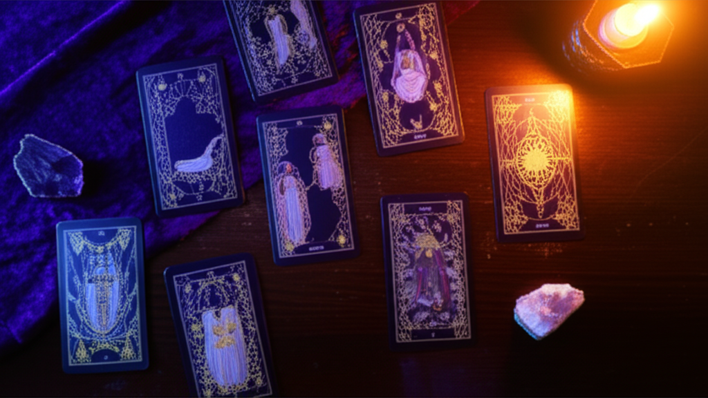 Схематичное изображение карт Таро, иллюстрирующее расклад лестница на столе.