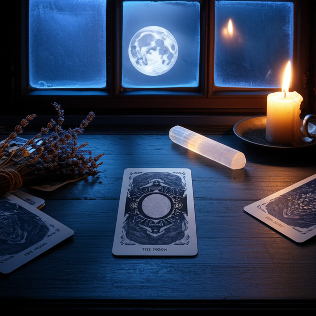 Стол для гаданий, на котором выполнен расклад луна с центральной картой Таро