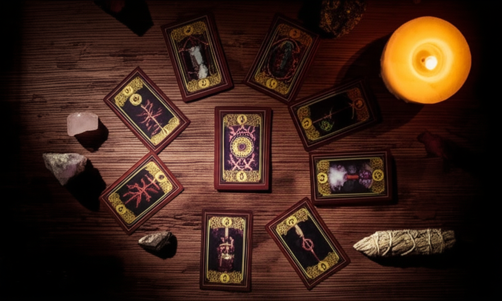 Детальный расклад магическое колесо на деревянном столе при свете свечи.