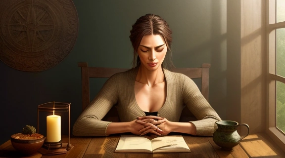 Человек размышляет над раскладом на ситуацию, лежащим на столе в окружении символических предметов.
