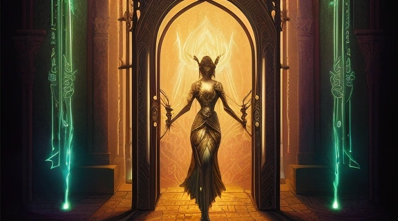 Изображение демонстрирует символический Расклад нисхождение Инанны, изображая богиню в процессе трансформации через мистические врата подземного мира, олицетворяя глубокое самопознание.