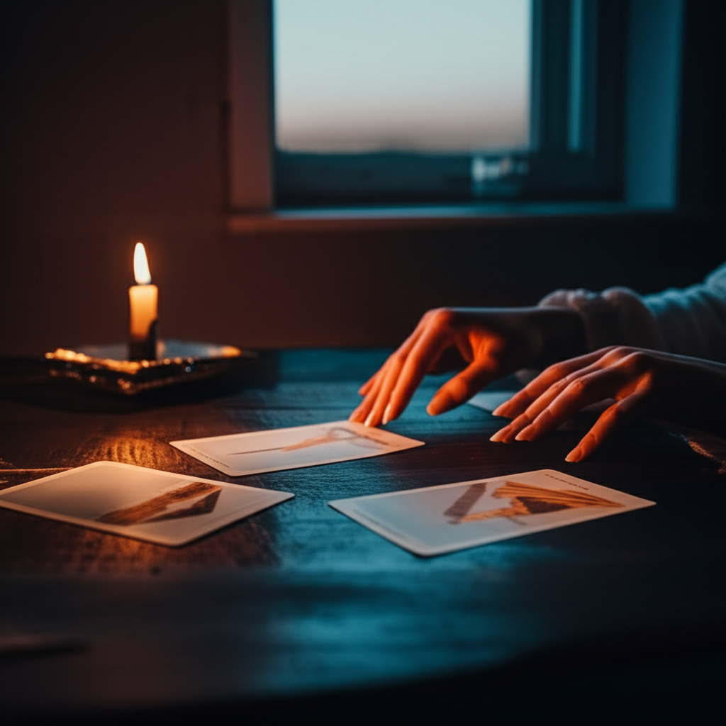Женские руки выполняют расклад один день души на деревянном столе при свете свечи.