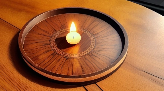 Расклад подкова из семи карт Таро на деревянном столе с кристаллом и свечой, символизирующий анализ ситуации.