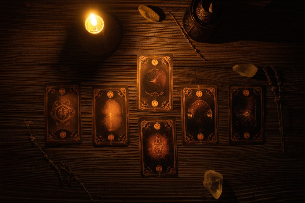 Детальный расклад Путь на картах Таро, освещенный теплым светом свечи на темном столе.