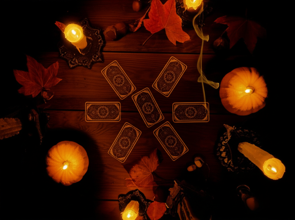 Детальный расклад самайн на столе с осенними листьями и свечами
