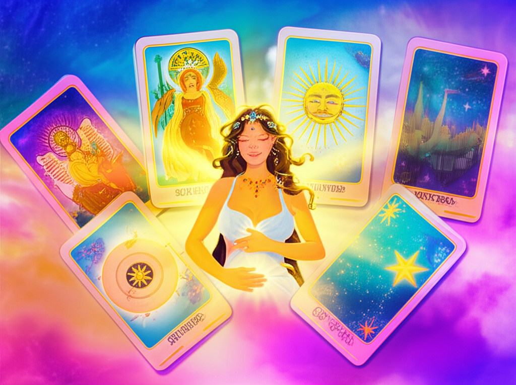 Женщина медитирует, окруженная светящимися картами Таро, символизирующими расклад Таро на беременность да нет, но при этом дающие более глубокий ответ.