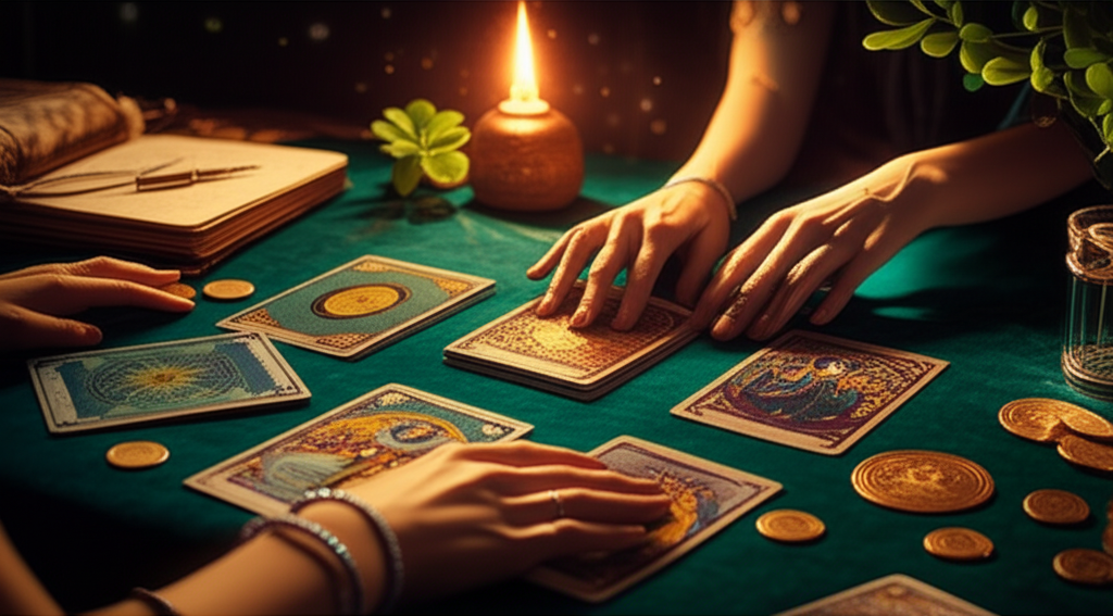 Руки таролога раскладывают карты для <strong>расклада таро на финансы на месяц</strong> на бархатной скатерти, вокруг свечи и старинные монеты, символизирующие финансовый анализ и процветание.