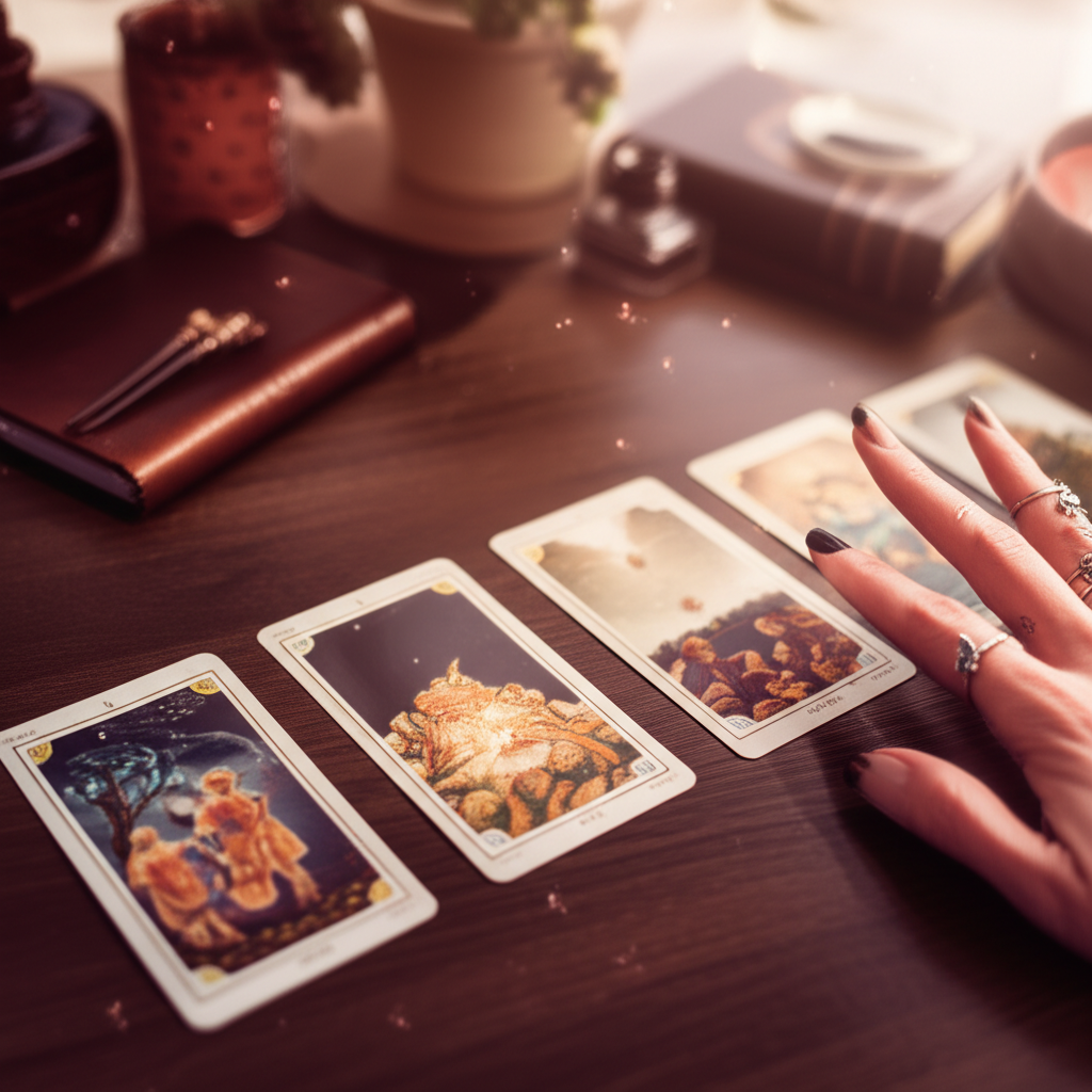 Изображение демонстрирует детальный расклад таро на карьеру на 5 карт, лежащий на деревянном столе. Рука мягко касается одной из карт, создавая мистическую атмосферу, окружённую мягким светом и элементами уютного рабочего пространства.