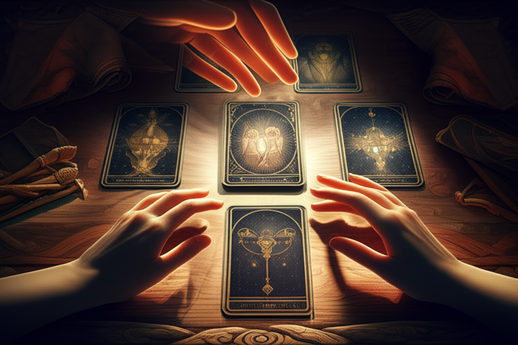 Иллюстрация расклада таро на любовь да или нет, показывающая руки, тянущиеся к мистически освещенным картам Таро на деревянном столе.