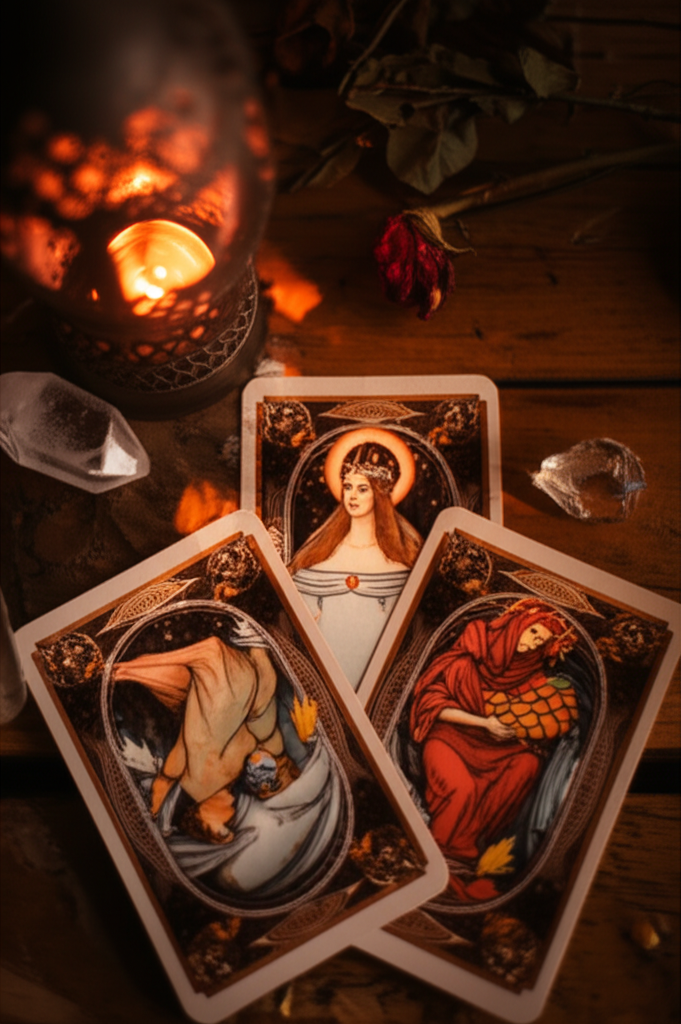 Изображение демонстрирует <strong>расклад Таро на любовь на 3 карты для начинающих</strong> на деревянном столе, окруженном свечами и кристаллами, создавая мистическую атмосферу.