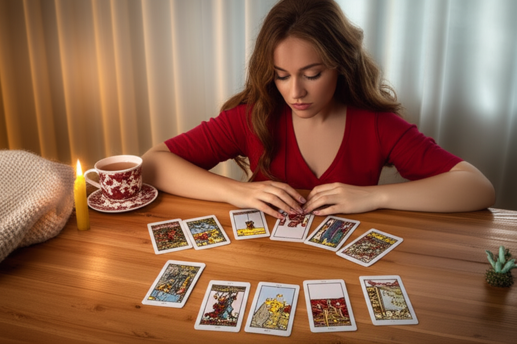 Женщина проводит расклад таро на отношения с мужчиной, глубоко задумавшись над значением карт в спокойной обстановке.