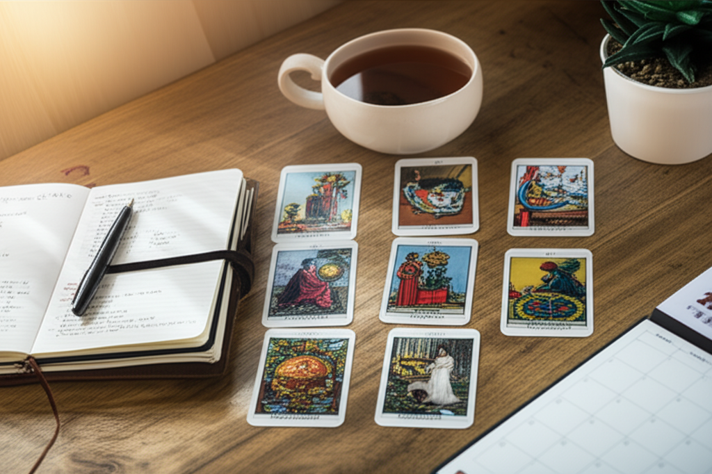 Стол с разложенными картами Таро, символизирующими расклад Таро на работу на неделю. Вокруг карт лежат блокнот, ручка, чашка кофе и небольшие офисные предметы, создавая атмосферу сосредоточенности и планирования.