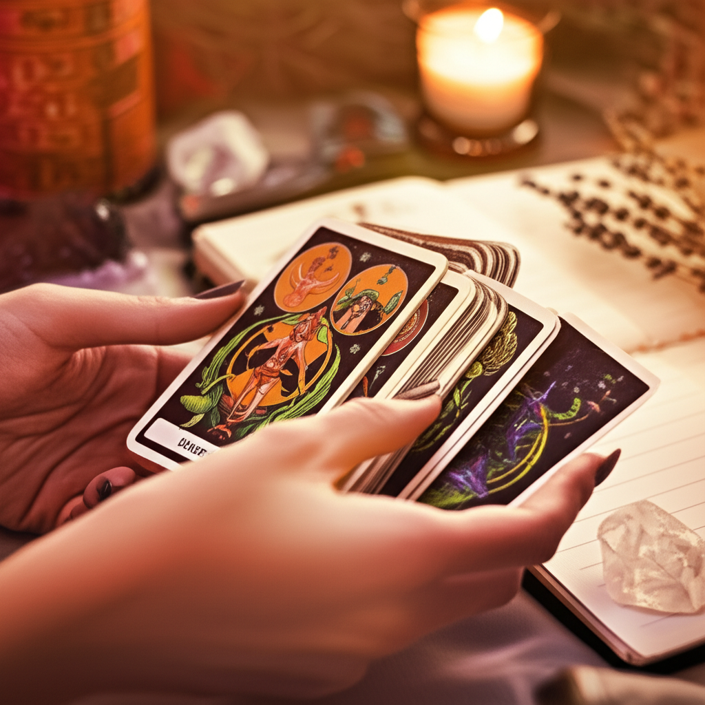 Крупный план рук, выполняющих расклад таро на здоровье для себя, на фоне мерцающей свечи и блокнота для самоанализа.