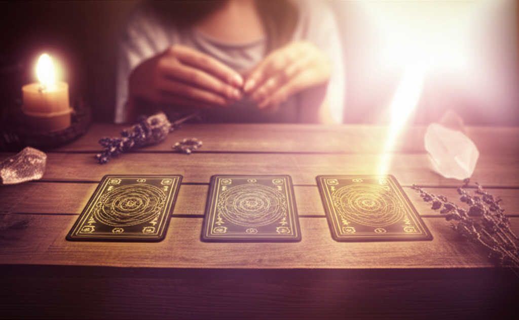 Мистический расклад таро на здоровье на три карты на старинном деревянном столе, освещенный мягким светом, рядом с кристаллом и свечой.