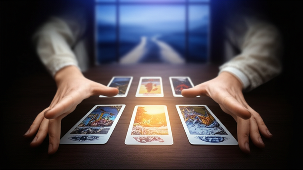 Красиво разложенный на столе расклад таро следующий шаг, освещенный мягким светом