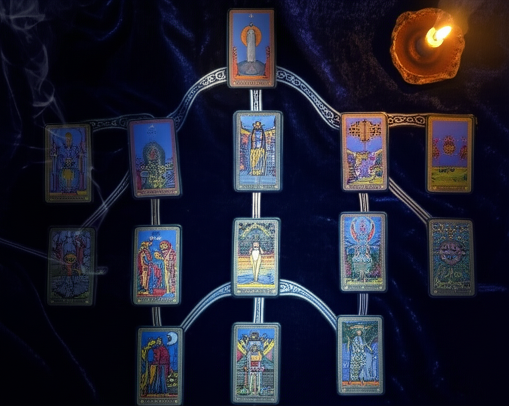 Мистический расклад Тота с картами на бархатном столе при свете свечи.