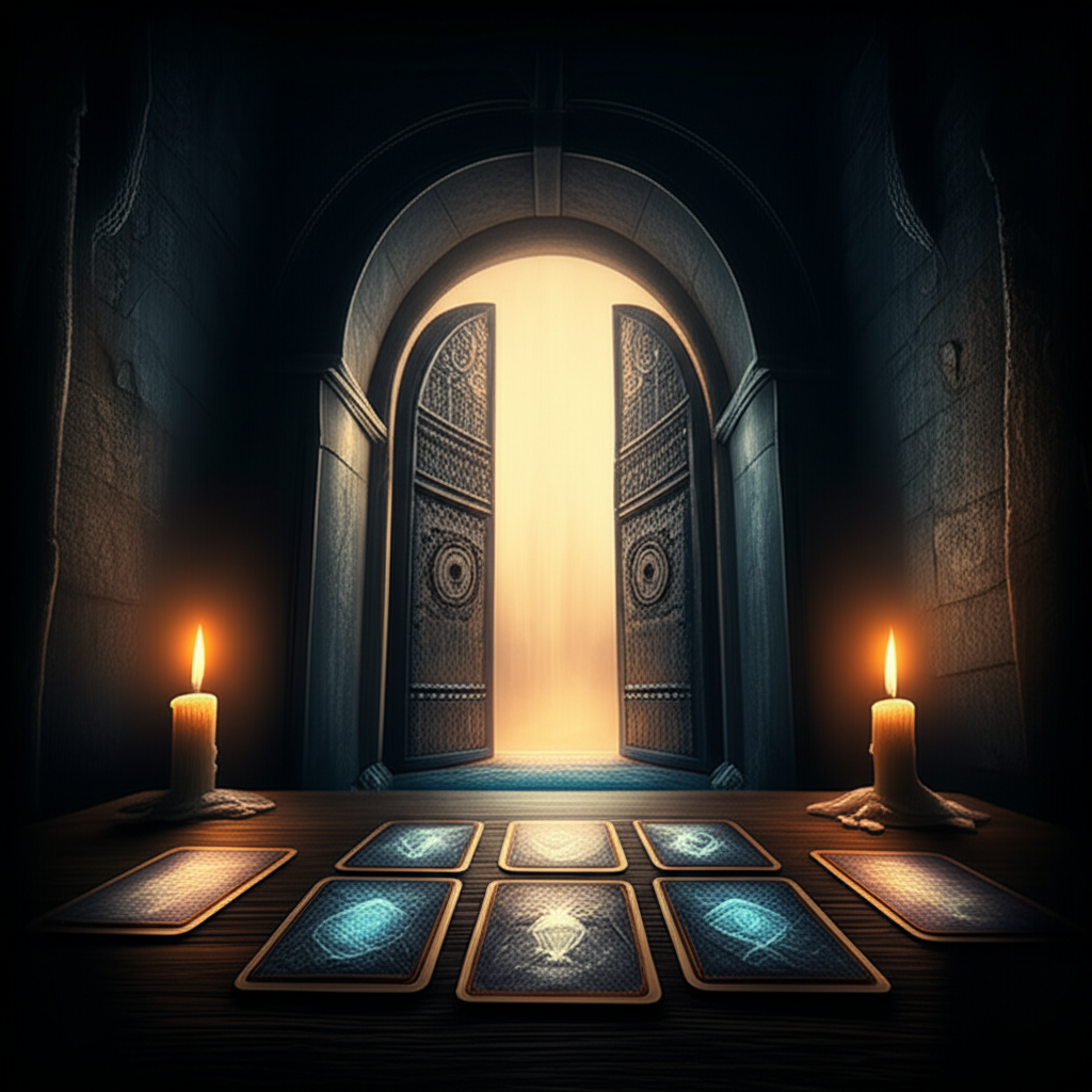 Мистический расклад врата, выполненный на старинном столе с горящими свечами