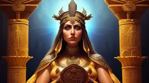 Древняя жрица внимательно изучает мистический расклад знак жрецов на каменном алтаре в полумраке храма.