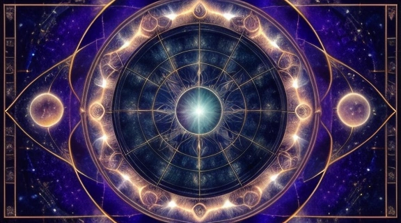 Детальный Расклад зодиакальный круг, подсвеченный мистическим светом, парящий на фоне глубокого звездного неба, символизирующий самопознание через астрологию.