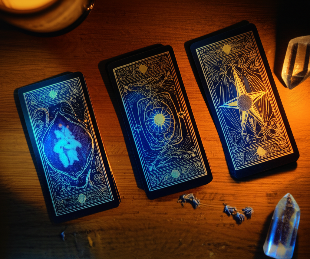 Эстетичные расклады для трех карт на деревянном столе при свете свечи.