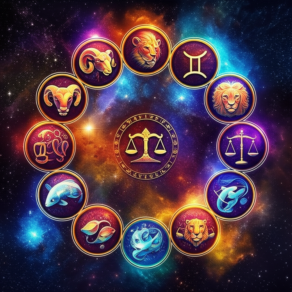 Космическая иллюстрация, демонстрирующая сильные стороны знаков зодиака, с их символами, расположенными в круге на фоне галактики и подчеркивающими их уникальные качества.