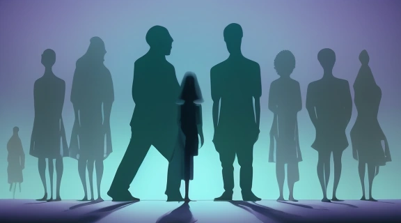 Изображение демонстрирует людей, стоящих на фрагментированных платформах, символизирующих Распространенные предрассудки, которые исчезают под воздействием света истины и критического мышления.