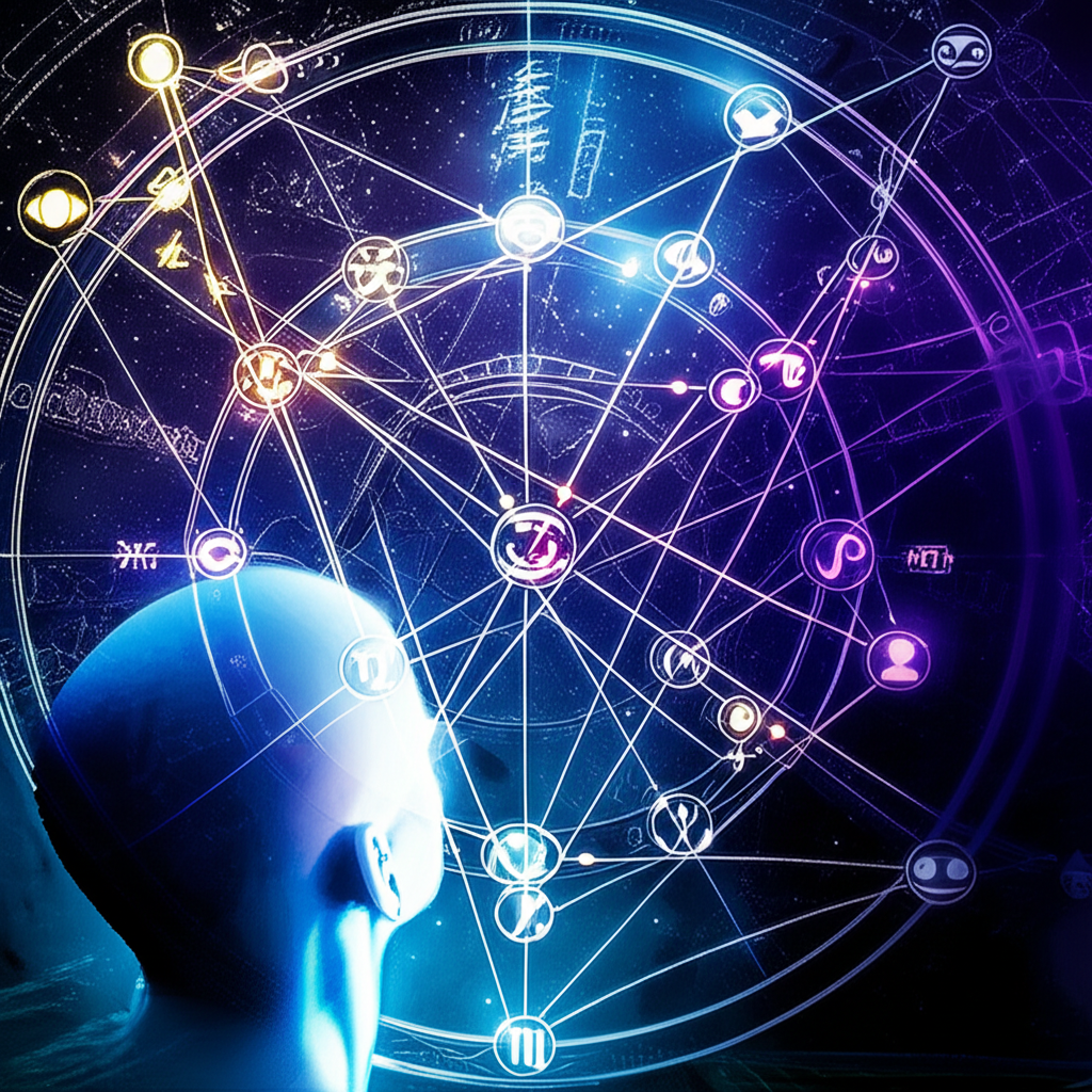 Изображение натальной карты с планетами, соединенными линиями аспектов, символизирующее **расшифровку аспектов в натальной карте для начинающих** и внутренний мир человека.