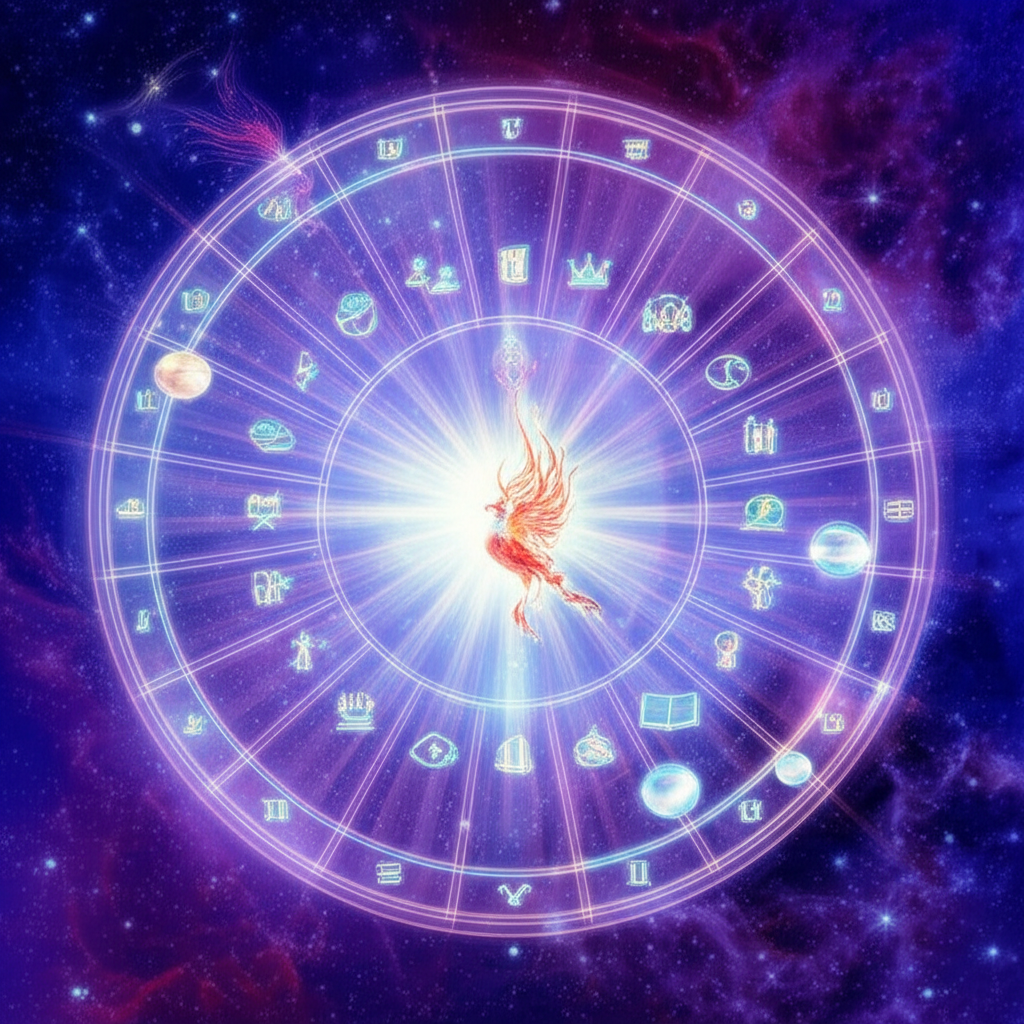 Иллюстрация, демонстрирующая 12 астрологических домов, соединенных космическими линиями, символизирующая глубокую расшифровку домов гороскопа и их влияние на различные сферы жизни человека.