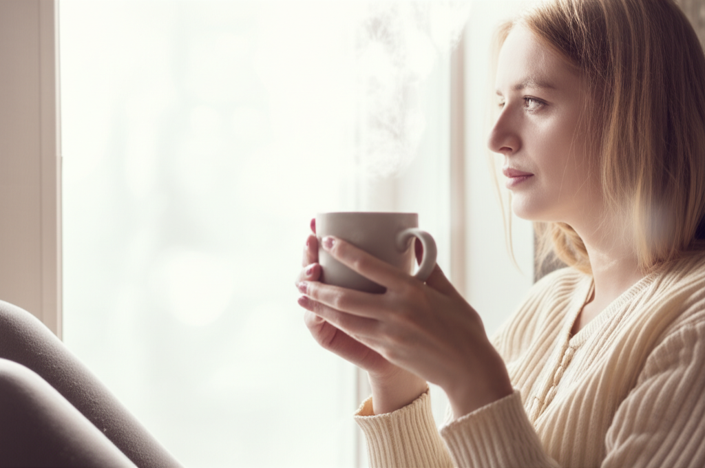 Человек, который смог расслабиться и получать удовольствие, сидя с чашкой у окна в лучах утреннего солнца.